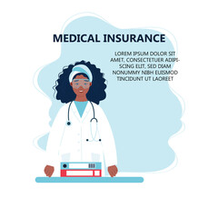 female doctor with stethoscope in standing position. Online doctor, Health chech up or medical insurance concept. Catroon Flat vector illustration.

