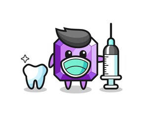 Mascot character of purple gemstone as a dentist