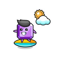 Illustration of purple gemstone cartoon do surfing on the beach
