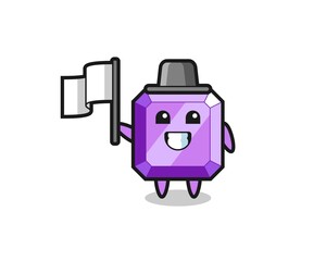 Cartoon character of purple gemstone holding a flag