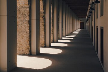 Diminishing perspective view of fortress passageway with arches columns and row of antique lanterns...