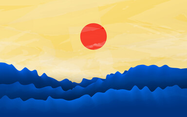 Minimalist design. Blue waves sea with soft yellow sky and red sun background. Vector illustration