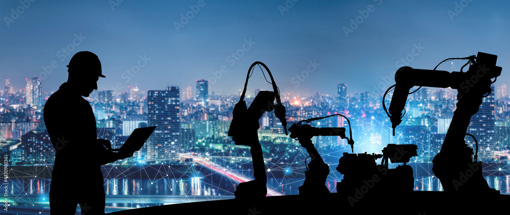 Poster mechanized industry of future factory double exposure image . concept of robotics technology for ind