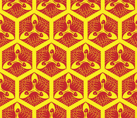 Seamless Japanese pattern with a stork in hexagon. Old traditional Japanese art. Swatch is included. 