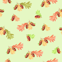 Watercolor seamless pattern oak on a light green background. Template for decorating designs and illustrations.