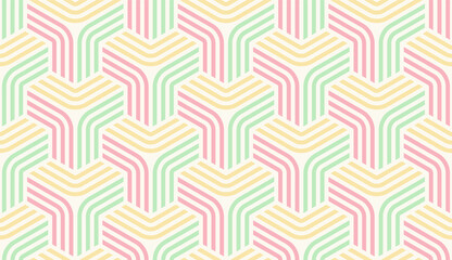 Seamless 3D pattern. Optical illusions. Op Art. Template for fabric or wrapping. Modern textile. Geometric ornament. Stylish background. Wallpapers. Pastel colors. Luxury 3D Tiles.