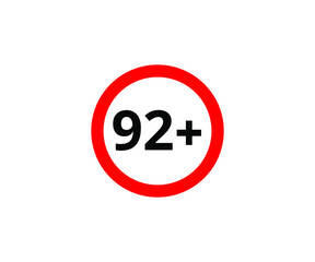 92+ restriction flat sign isolated on white background. 92 plus Age limit symbols