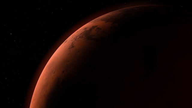 Vista desde el espacio de Marte con estrellas de fondo.	