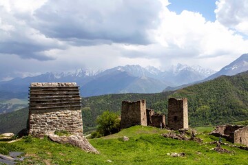 Fototapeta na wymiar Ruins of the tower city-settlement of Keli. Dzheyrakh region. The Republic of Ingushetia. Russia