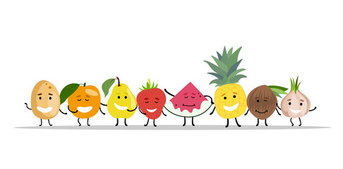 Naklejka premium Vector set of emotional vegetables, fruits and berries with handles and a mug. Coconut, strawberry pineapple, potato, tomato, garlic, orange, watermelon, pear