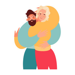 Vector cartoon illustration of Happy meeting of two Friends hugging. Two men happy to each other. Love, relatives, friends.

