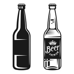 Fototapeta na wymiar Beer bottles two styles set of vector objects in monochrome style isolated on white background