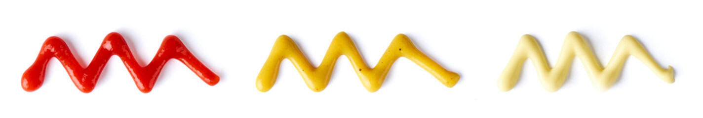 Tomato ketchup, mustard and mayonnaise splashes isolated on white, from above