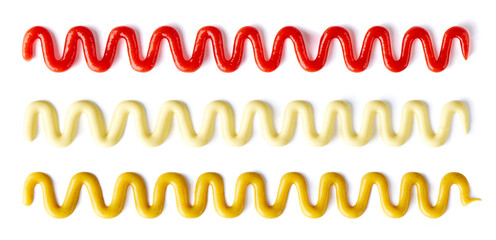 Tomato ketchup, mustard and mayonnaise splashes isolated on white, from above