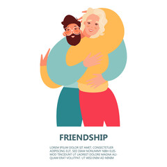 Vector cartoon illustration of Happy meeting of two Friends hugging. Two men happy to each other. Love, relatives, friends.

