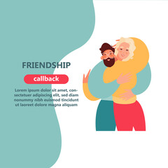 Vector cartoon illustration of Happy meeting of two Friends hugging. Two men happy to each other. Love, relatives, friends.

