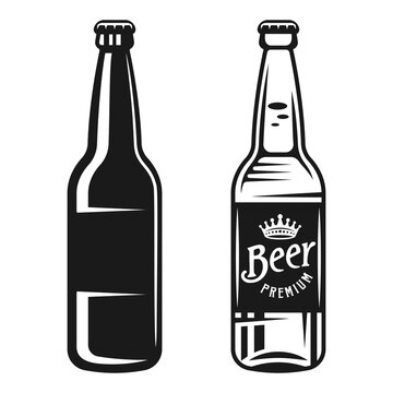 Beer bottles two styles set of vector objects in monochrome style isolated on white background