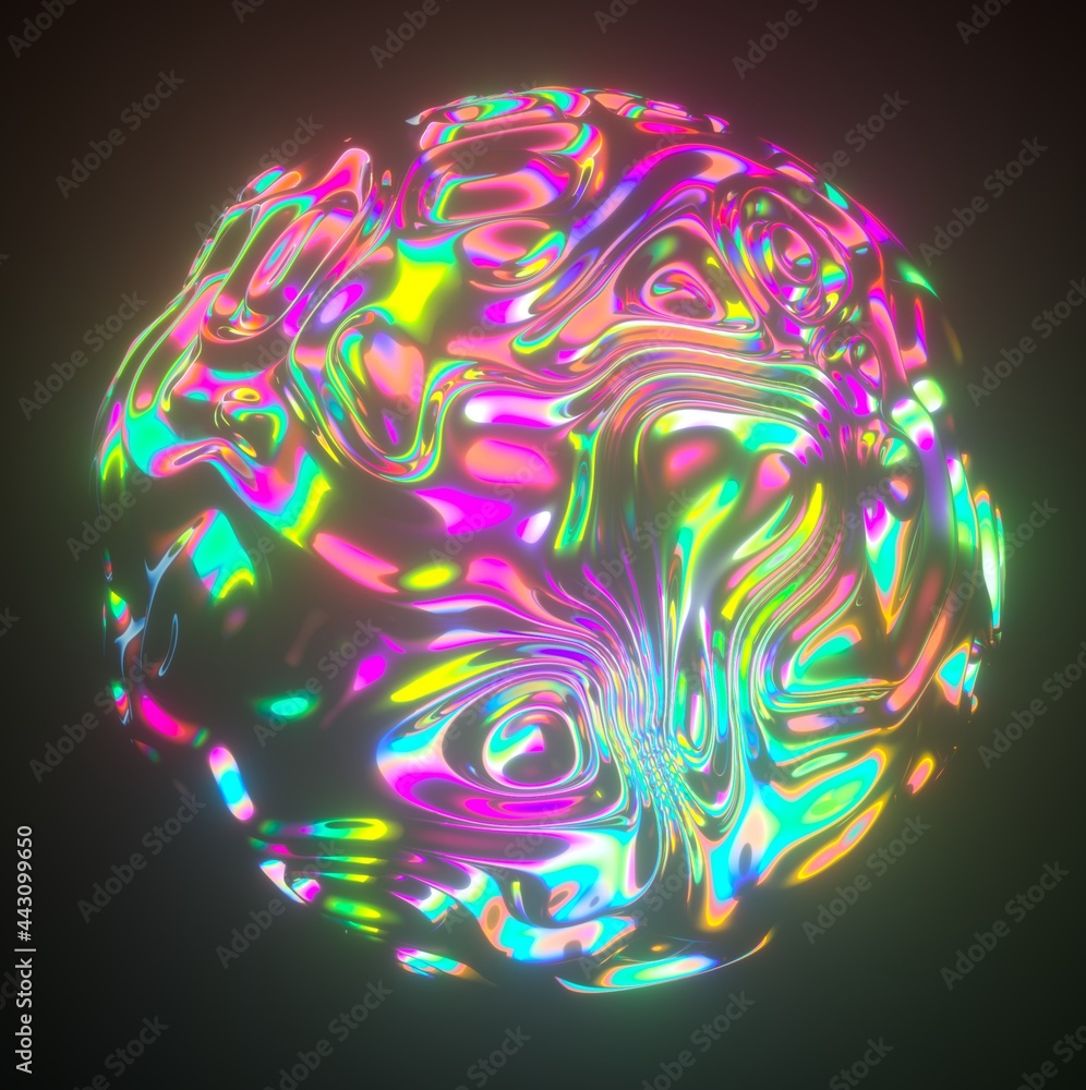 Poster abstract holographic sphere with rippled and glitched surface. 3d illustration in retrofuturistic sy
