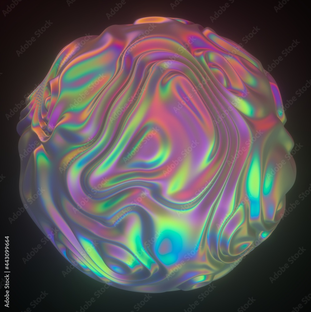 Poster Abstract holographic sphere with rippled and glitched surface. 3D illustration in retrofuturistic synthwave style.