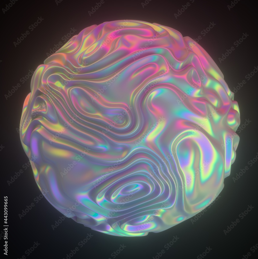 Poster Abstract holographic sphere with rippled and glitched surface. 3D illustration in retrofuturistic synthwave style.