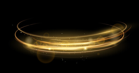 Vector illustration of golden abstract transparent light effect isolated on black background, sparcles and light lines in golden color. Abstract background for science, futuristic