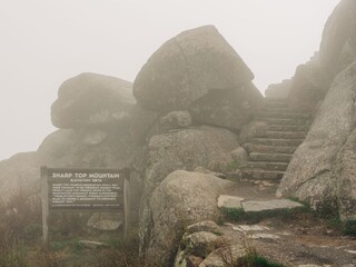 The summit of Sharp Top Mountain in fog, along the Blue Ridge Parkway in Virginia