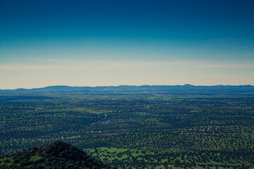 Fototapeta premium Paisaje de dehesa con horizonte montañoso