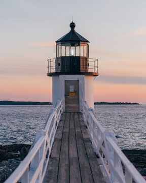 A lighthouse on a pier, Marshall Point Lighthouse, Saint George, Maine