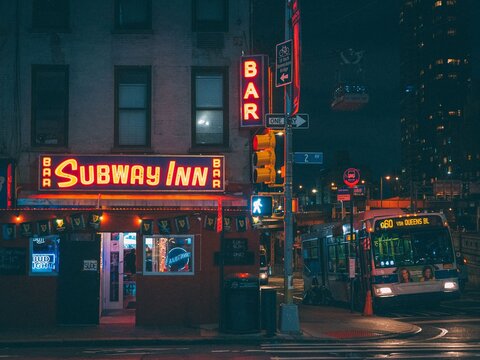 Subway Inn neon signs at night, Upper East Side, Manhattan, New York City
