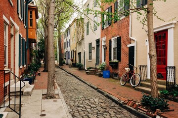 Cobblestone street with brick row houses, near Filter Square, Philadelphia, Pennsylvania