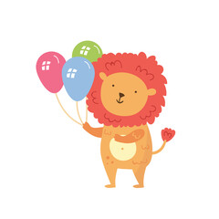 Happy birthday. Cute african animal lion with balloons. Holiday decoration, present, cake. Vector illustration for children. Isolated on white background.