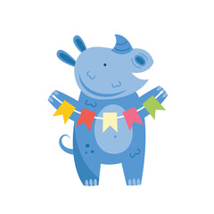 Happy birthday. Cute african animal rhino with flags. Holiday decoration. Vector illustration for children. Isolated on white background.