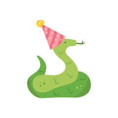 Happy birthday. Cute african animal snake with party hat. Holiday decoration. Vector illustration for children. Isolated on white background.