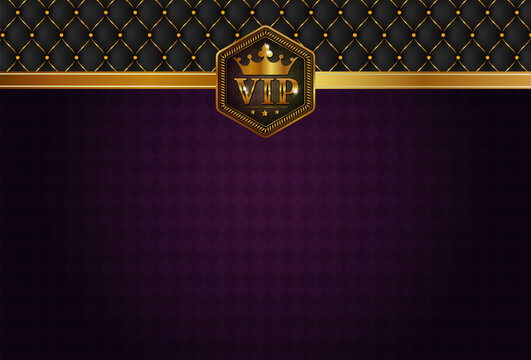 VIP party background. Black and gold design template. Quilted pattern decorative background with gold ribbon and round icon.