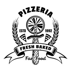 Pizzeria vector emblem, badge, label or logo in vintage monochrome style isolated on white. Fast food delivery logotype template