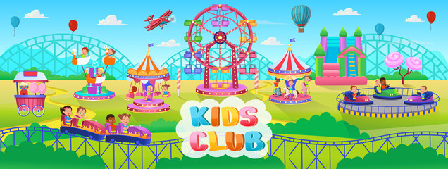 Obraz premium Theme Park scene with electric cars, ferris wheel, carrousel, trampoline. Amusement park. Vector illustration for children.The concept of a children's playroom, birthday, kids club, kindergarten
