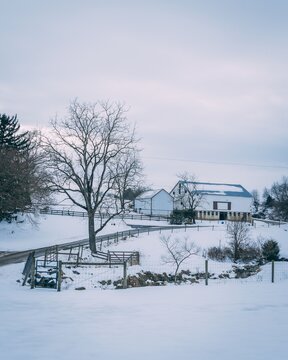 Snowy winter view of a farm in rural York County, Pennsylvania