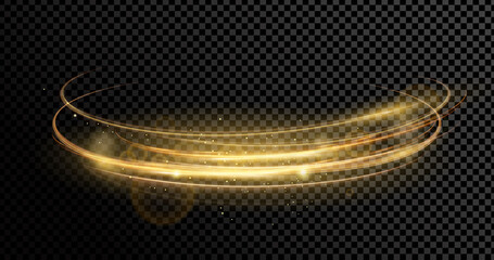 Vector illustration of magic golden dynamic lights and lens effect with sparks isolated on transparent dark background. Abstract background for science, light, speed, futuristic and energy technology - obrazy, fototapety, plakaty