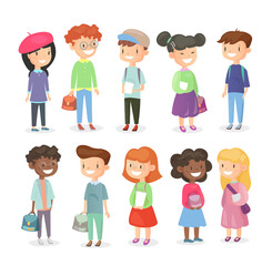 Vector illustration of pupils isolated on white background. Cute and happy girls and boys, schoolchildrens set in cartoon flat style
