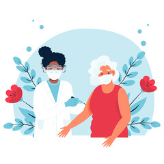 Coronavirus vaccine senior lady. Vaccine elderly. Doctor holds a syringe. Vaccination concept. Vector illustration.

