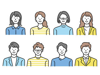 人物アイコンイラスト(女性、男性、ファッション、髪型、若者、顔パターン) Person icon illustration .female, male, fashion, hairstyle, youth, face pattern