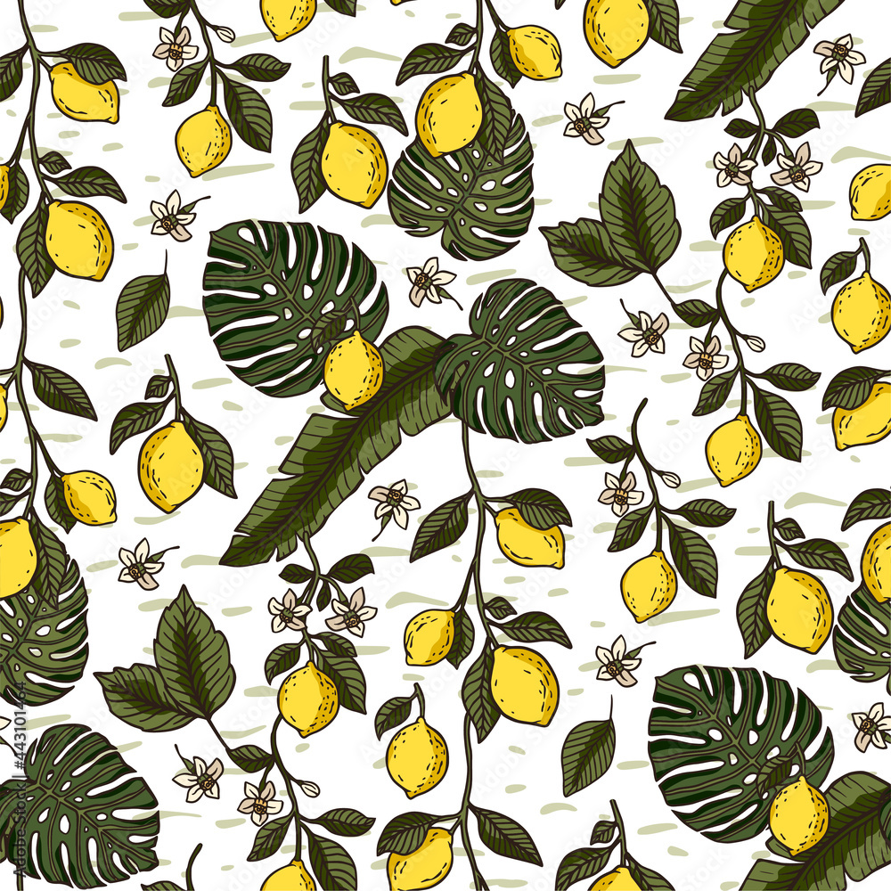 Wall mural Yellow lemon fruit tropical vector seamless pattern. Nature jungle organic plant art. Bright summer colourful artwork.