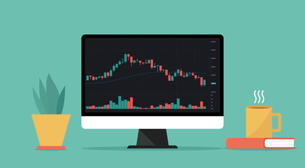 Forex, stock, cryptocurrency trade on computer with financial chart to buy and sell for exchange market concept, vector flat illustration