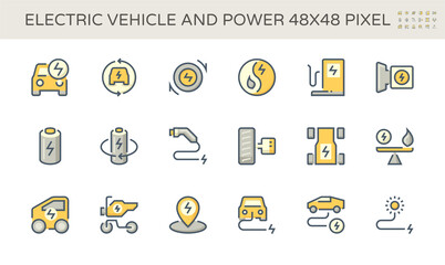 Electric vehicle (EV) vector icon design. Consist of auto car or motor, fuel, electrical, charger and charging station. Concept for technology, green power, alternative energy, eco and transportation.