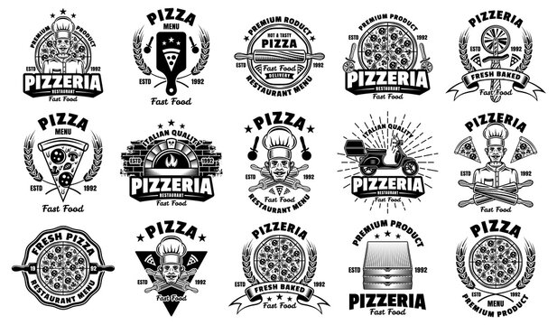 Pizza and pizzeria big set of fifteen vector emblems, badges, labels or logos in vintage monochrome style isolated on white background