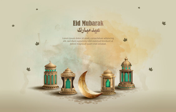islamic greeting eid mubarak card design with beautiful gold lanterns and crescent moon
