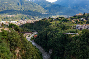 Fototapeta na wymiar Sondrio in Valtellina, cable-stayed bridge construction in Cassandre, aerial view 