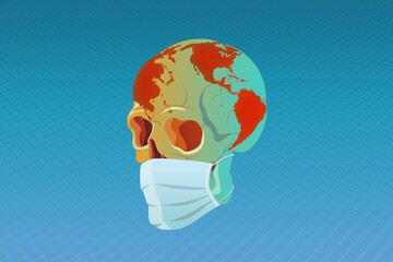 Earth skull wearing a mask