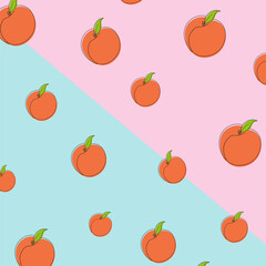 Peaches on pink and blue background. Space for text. Vector illustration.