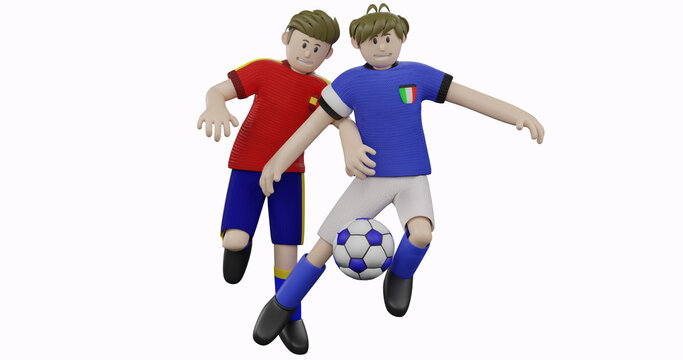 3D Illustration of Spain athlete soccer body contact with Italian athlete soccer. 3D rendering soccer concept